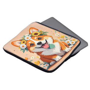 Funda Para Portátil Corona de perro de corgi alegre de margaritas y gi