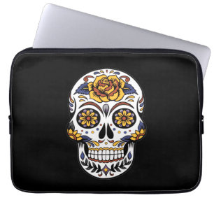 Funda Para Portátil Cráneo de azúcar rosa amarillo en negro
