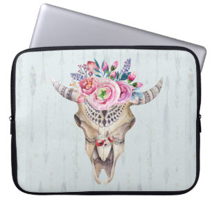 Funda Para Portátil Cráneo de toros florales sobre fondo azul claro