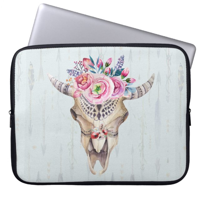 Funda Para Portátil Cráneo de toros florales sobre fondo azul claro (Frente)