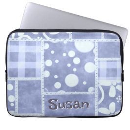 Funda Para Portátil Crazy Quilt Blue Gingham Floral Personalized 