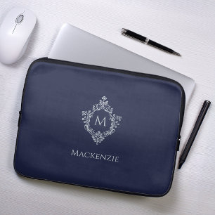 Funda Para Portátil Crest Azul Marino Elegante Monograma y Nombre