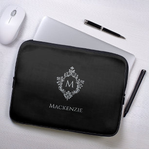 Funda Para Portátil Crest Monograma Negro Gris Nombre Vintage Monocrom