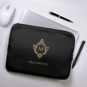 Funda Para Portátil Crest vintage elegante negro falso oro