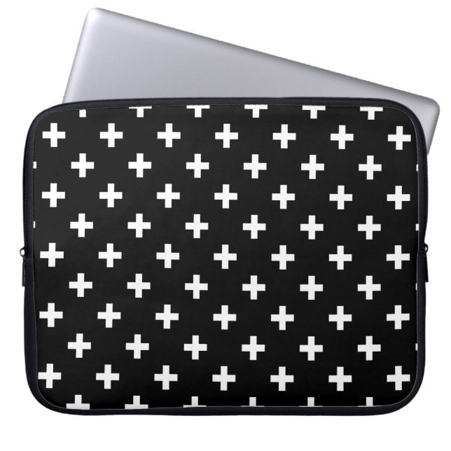 Funda Para Portátil Cruces de polka blanca sobre negro (Frente)