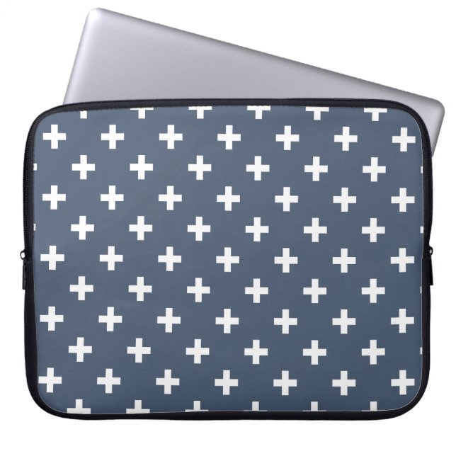 Funda Para Portátil Cruces de polka blanco sobre gris azul (Frente)