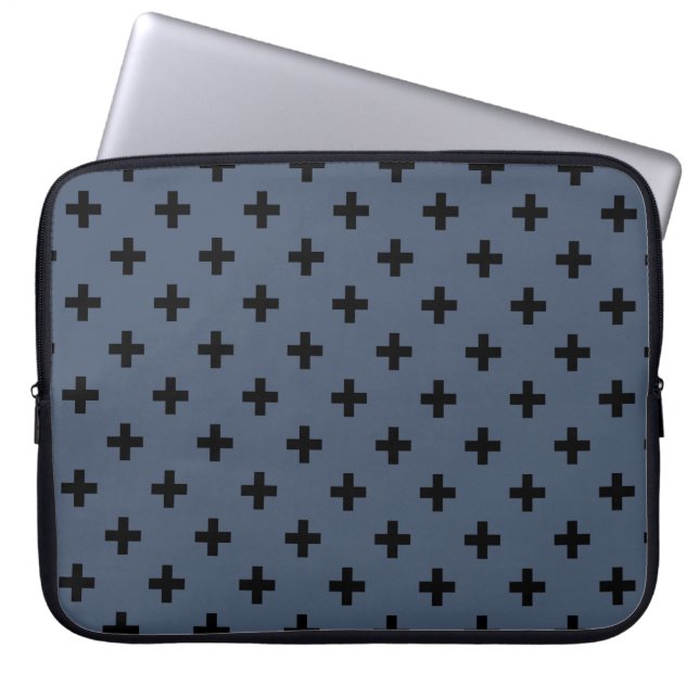 Funda Para Portátil Cruces de polka negro sobre gris azul (Frente)