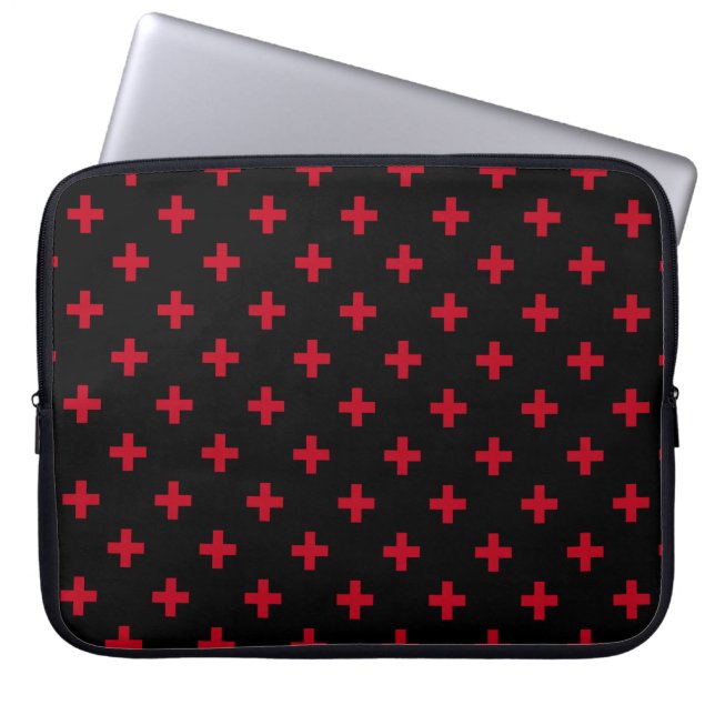 Funda Para Portátil Cruces de polka roja sobre negro (Frente)