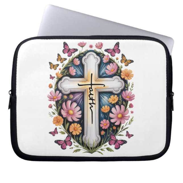 Funda Para Portátil Cruz de fe floral (Frente)