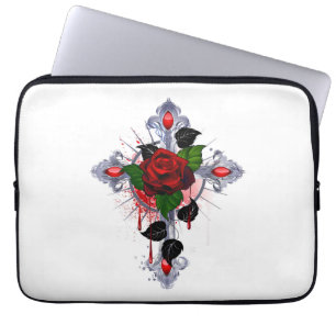 Funda Para Portátil Cruz de Plata con una Rosa Roja