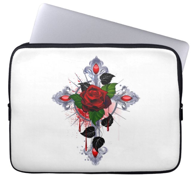 Funda Para Portátil Cruz de Plata con una Rosa Roja (Frente)