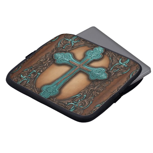 Funda Para Portátil cruz rústica de cuero marrón occidental (Superior anverso)