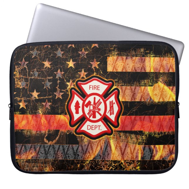Funda Para Portátil Cruz y llamas del bombero (Frente)