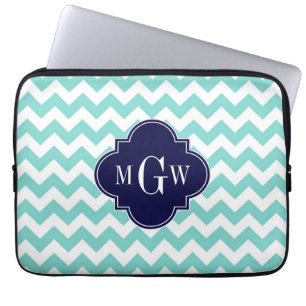 Funda Para Portátil Cuarteto azul de la marina de Chevron blanco Aqua 
