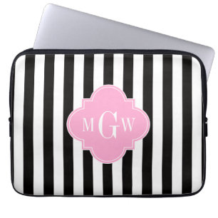 Funda Para Portátil Cuatrefoil rosa de franja blanca negra 3 Monograma