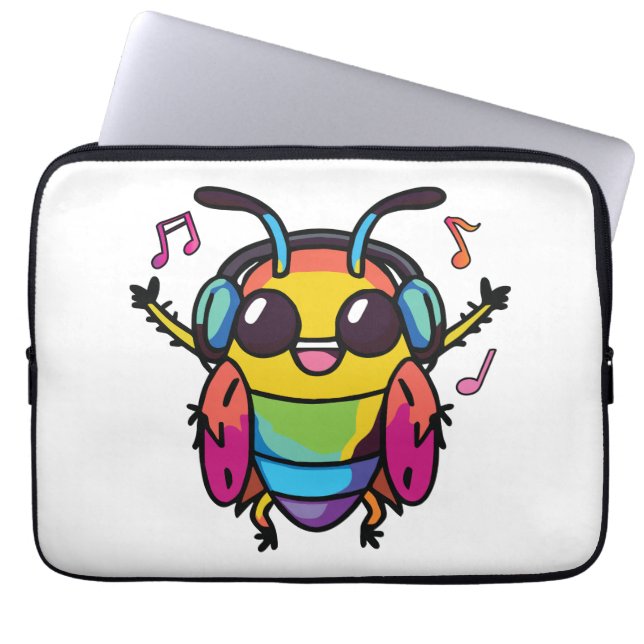 Funda Para Portátil Cucaracha feliz con auriculares escuchando música (Frente)