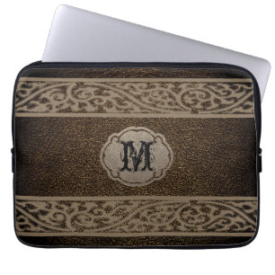 Funda Para Portátil Cuero marrón. Monograma personalizado