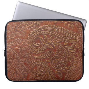 Funda Para Portátil Cuero marrón, patrón floral instrumentado.
