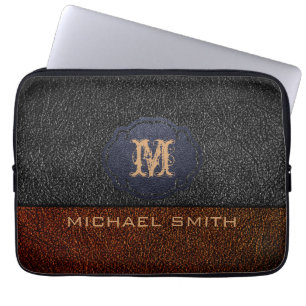 Funda Para Portátil Cuero marrón y negro. Monograma personalizado