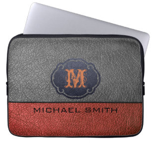 Funda Para Portátil Cuero marrón y negro. Monograma personalizado