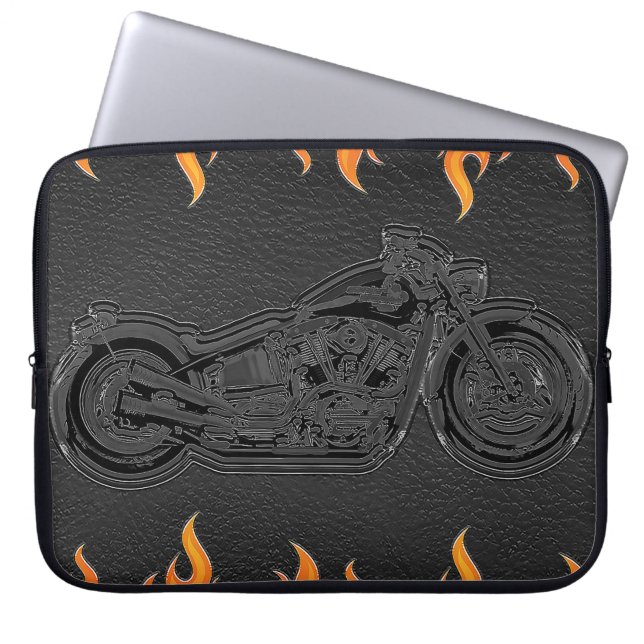 Funda Para Portátil Cueros negros llamas naranjas fuego caliente motoc (Frente)
