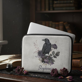 Funda Para Portátil Cuervo gótico personalizado con flora oscura