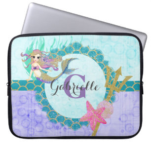 Funda Para Portátil Cuidada Monograma Sirena Verde azulada y color púr