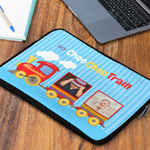 Funda Para Portátil Cute Blue Stripes Pattern Toy Train Boys Birthday 