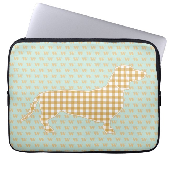 Funda Para Portátil Cute Gingham Dachshund Monograma Pato Huevo Azul (Frente)