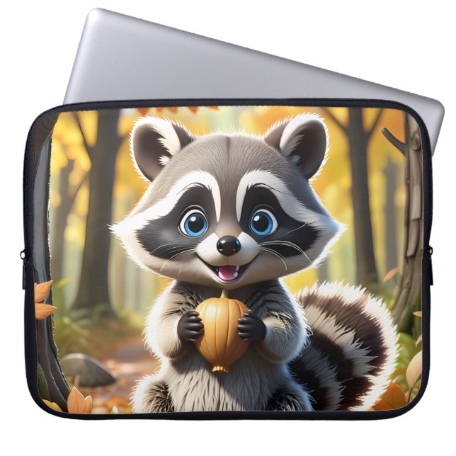 Funda Para Portátil Cute Kawaii estilo Racoon sosteniendo una bellota (Frente)