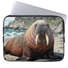 Funda Para Portátil Cute morsa en una playa de arena 
