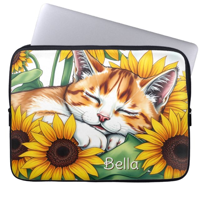 Funda Para Portátil Cute Napping Kitten and Sunflowers Personalized (Frente)
