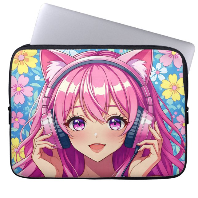 Funda Para Portátil Cute Pink Anime Girl with Headphones (Frente)