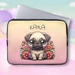 Funda Para Portátil Cute Pug rosa y amarillo personalizado<br><div class="desc">Funda de comprimido para un chica. Perro adorable en flores rosadas funda personalizado.</div>