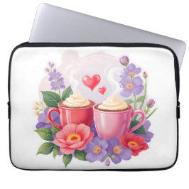 Funda Para Portátil Cute Valentine Cocoa Mugs with Flowers & Hearts