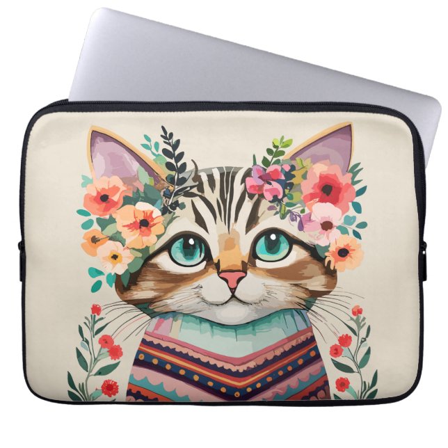 Funda Para Portátil Cuto Cat Floral acuarela (Frente)