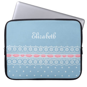 Funda Para Portátil Cuto Polka Azul Pone El Lace Girly Rosa Con Nombre