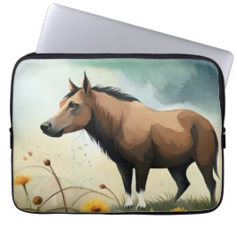 Funda Para Portátil Cuto pony marrón en el campo floral