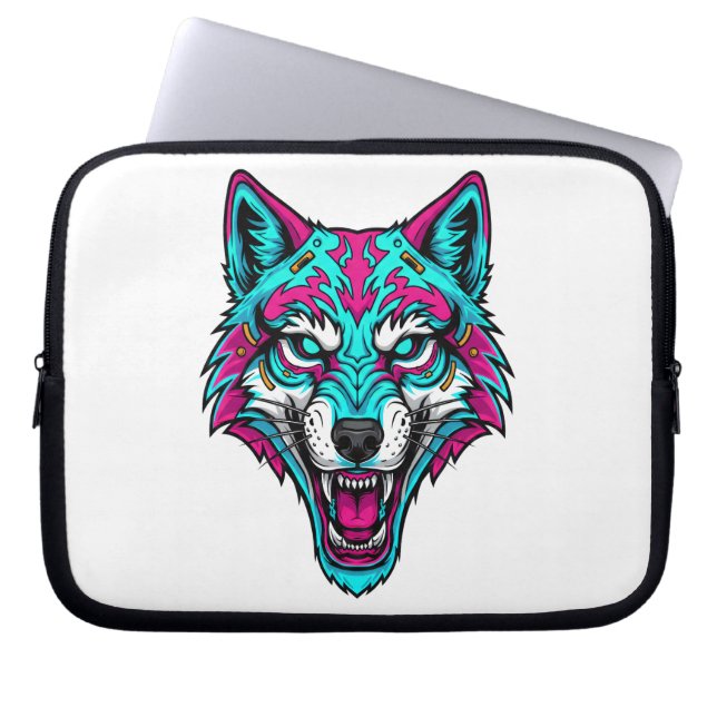 Funda Para Portátil Cyberpunk Neon Wolf - Synthwave Robotic Animal (Frente)