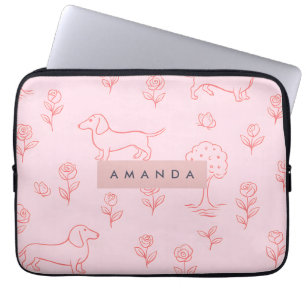 Funda Para Portátil Dachshund Rosa Personalizado y Flor
