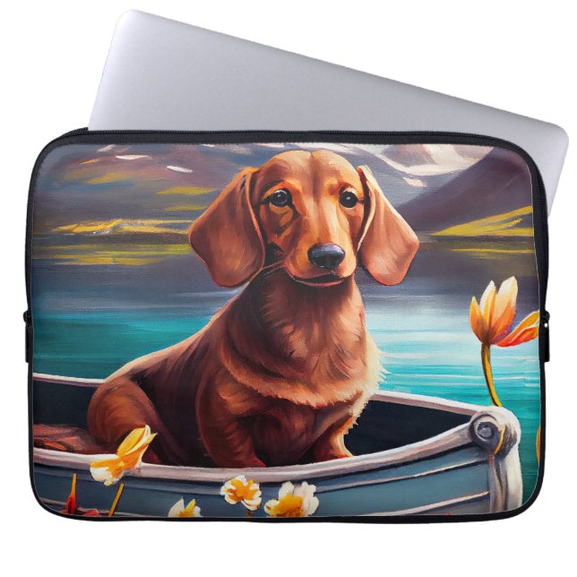 Funda Para Portátil Dachshund sobre un remo: Una aventura escénica (Frente)