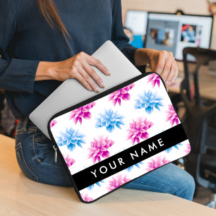 Funda Para Portátil Dahlia rosa y azul, patrón floral, nombre