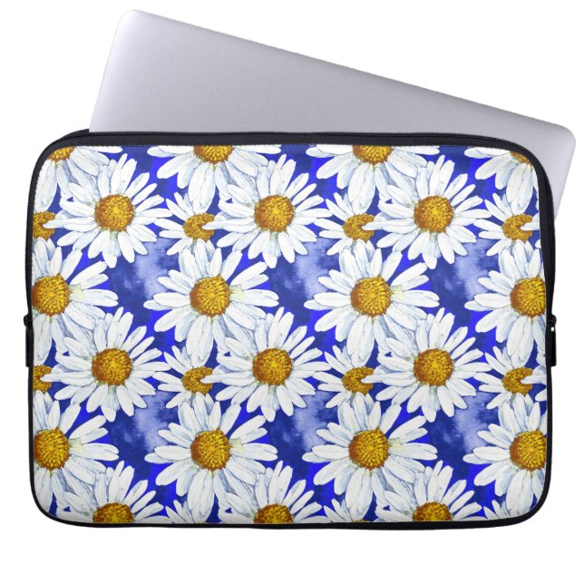 Funda Para Portátil Daisies acuarelas sobre el azul denim (Frente)