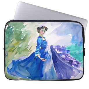 Funda Para Portátil Dama con vestido azul - Pintura de color de agua