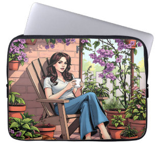Funda Para Portátil Dama de bonito bebiendo café relajándose fuera