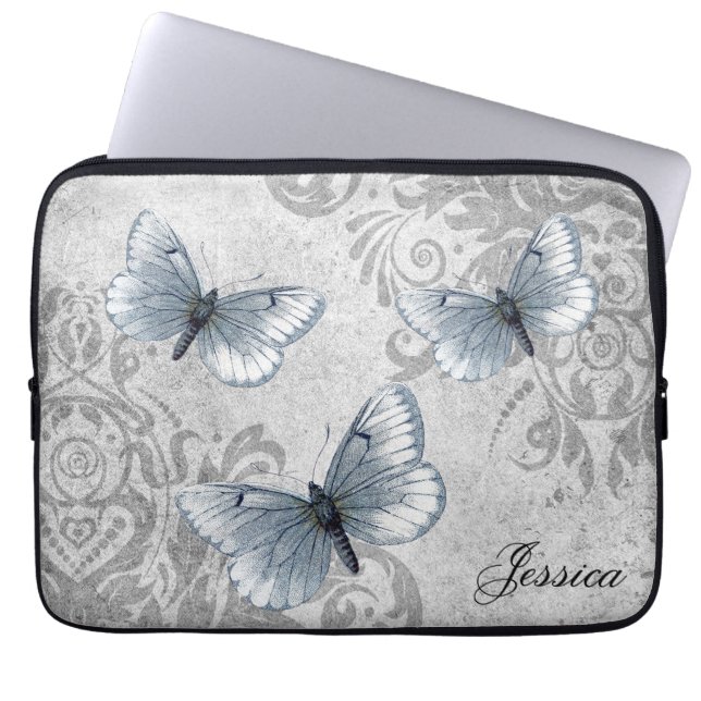 Funda Para Portátil Damasco de Grunge de época y mariposas (Frente)