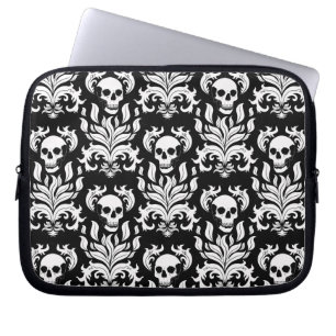Funda Para Portátil Damasco de llamas de cráneo en blanco crudo sobre