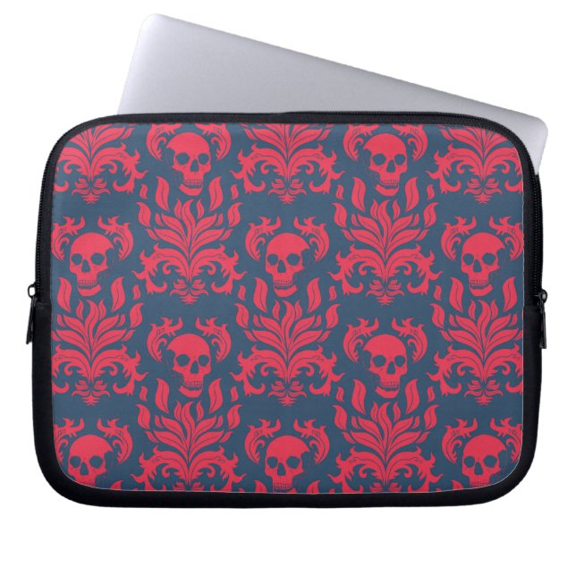 Funda Para Portátil Damasco de llamas de cráneo en choque rojo en azul (Frente)