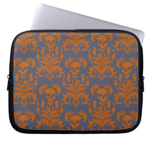 Funda Para Portátil Damasco de llamas de cráneo en naranja enfrentado 