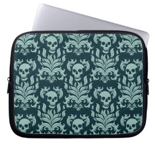 Funda Para Portátil Damasco de llamas de cráneo en verde menta sobre a